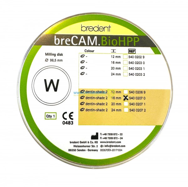 breCAM.BioHPP Ø 95 x 20mm ZZ dentin-shade 2 54002101