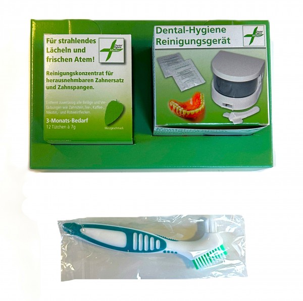 Dental Reinigungsgerät 10000 (Batteriebetrieben) - Set mit Konzentrat und Prothesenbürste