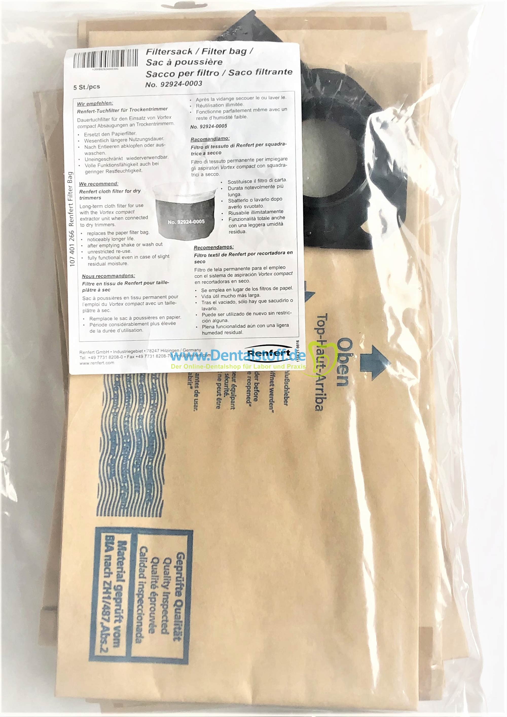 thumbnail image 2 of Renfert Vortex Compact 3L Dust Bag Refill - Pack Of 5 Bags - 29245003 - Made In Germany 2 of 2